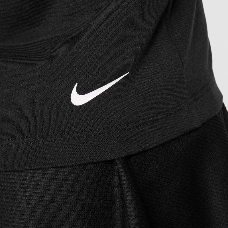 Youth black T-shirt hem with white Nike swoosh logo