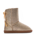 Kids gold glitter ankle boot with ribbon bow detail and brown rubber sole