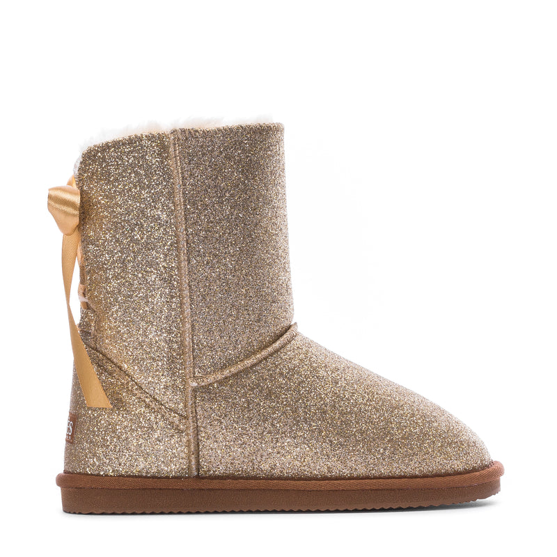 Kids gold glitter ankle boot with ribbon bow detail and brown rubber sole