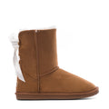 Kids chestnut suede ankle boot with bow tie detail, stitched seams, rubber sole