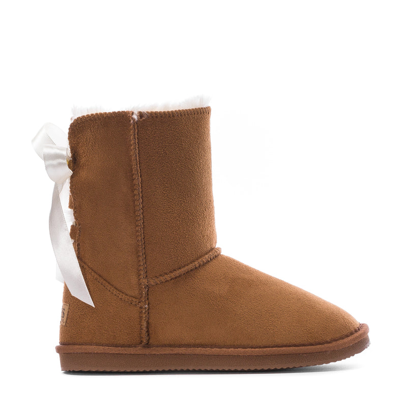 Kids chestnut suede ankle boot with bow tie detail, stitched seams, rubber sole