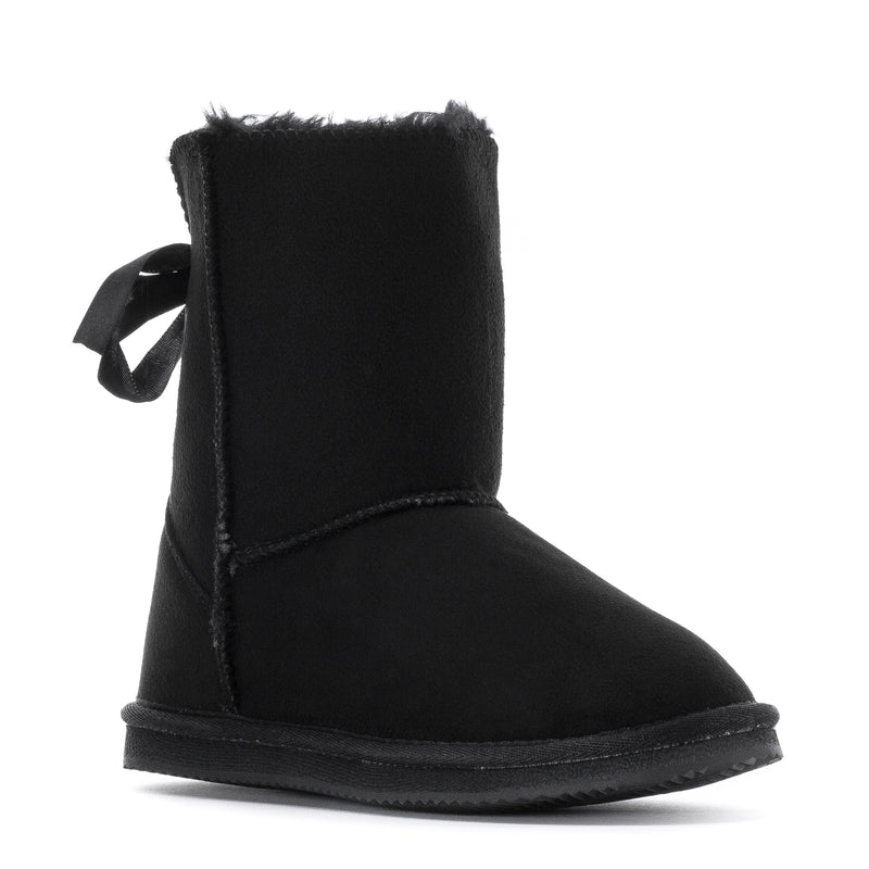 Kids black ankle boot with faux-fur lining and side bow