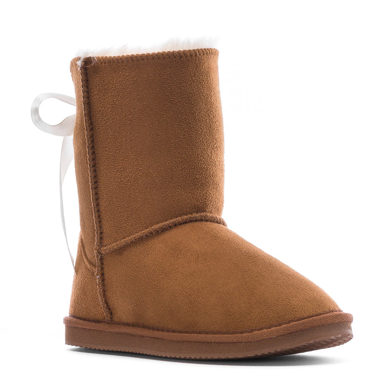 Kids chestnut suede ankle boot with side seam and back ribbon loop, rubber sole