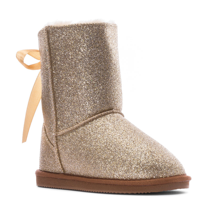 Kids gold glitter ankle boot with light ribbon bow at the back and brown sole