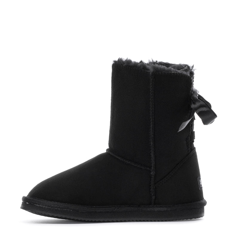 Kids black ankle boot with faux-fur cuff, stitched side seam, and bow