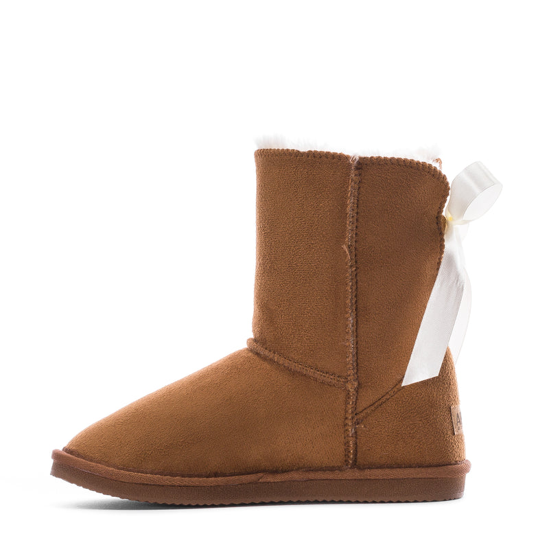 Kids chestnut suede ankle boot with central back seam and white bow ribbon, rubber sole