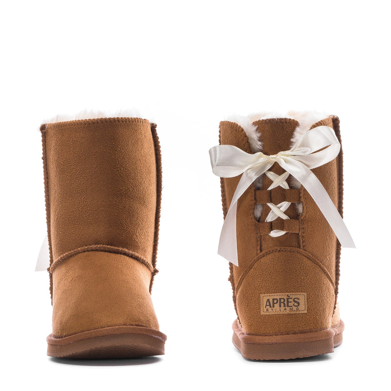 Kids chestnut suede ankle boots with white bow, lace-up detail, APRES patch