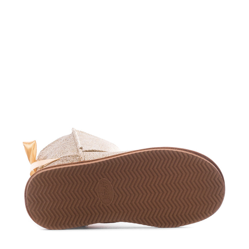 Kids gold glitter boot bottom view with brown rubber outsole and zigzag tread
