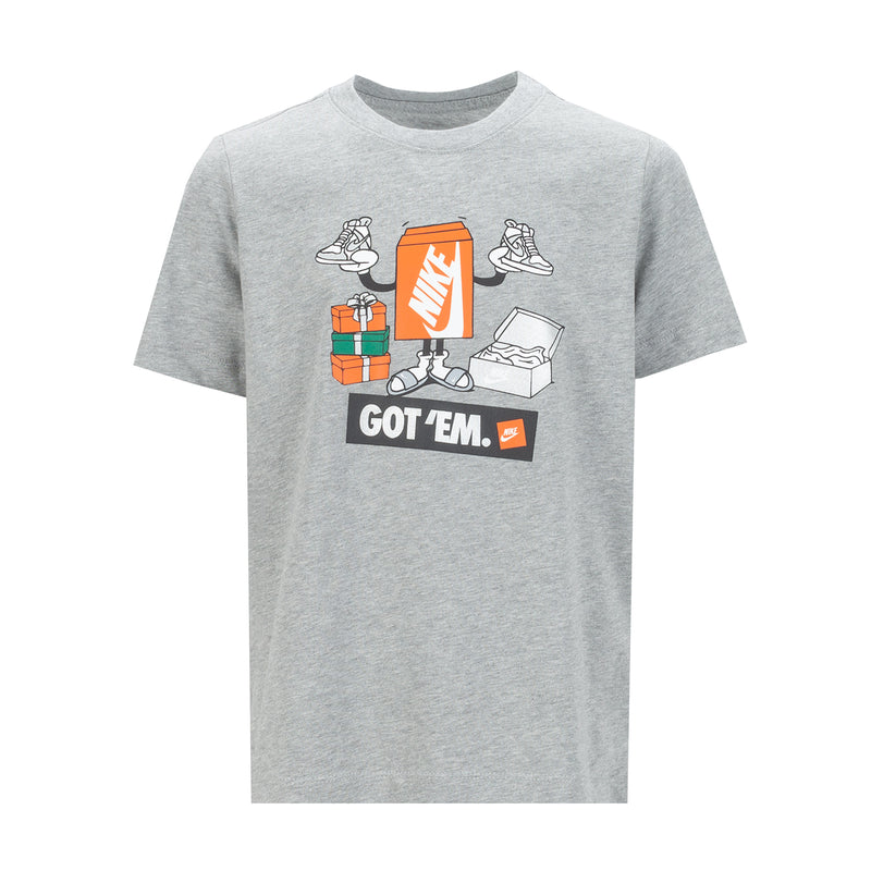 Youth boxy heather grey T-shirt with orange "Got 'Em" chest graphic