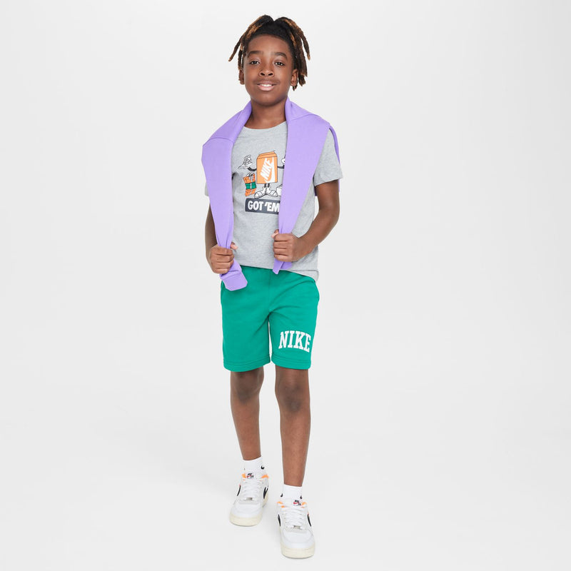 Youth boxy heather grey T-shirt with orange "Got 'Em" chest graphic, crew neck