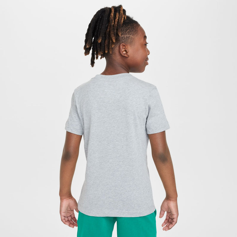 Youth boxy heather grey T-shirt back view, no graphic