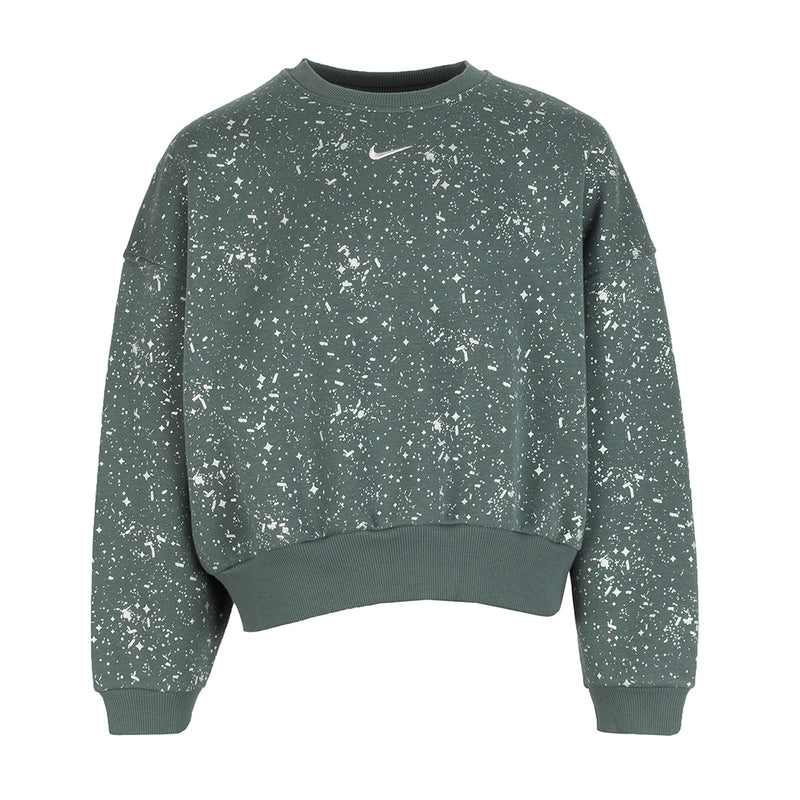 Youth crewneck sweatshirt in vintage green with white speckle print and Nike logo