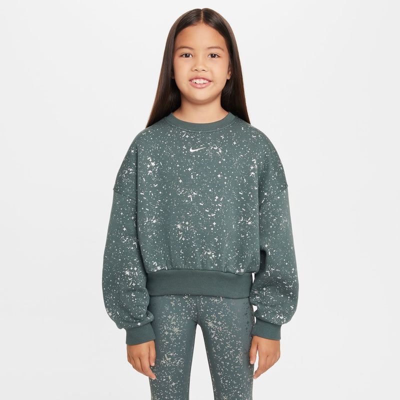 Youth crewneck sweatshirt in vintage green with white speckle print, long sleeves and Nike