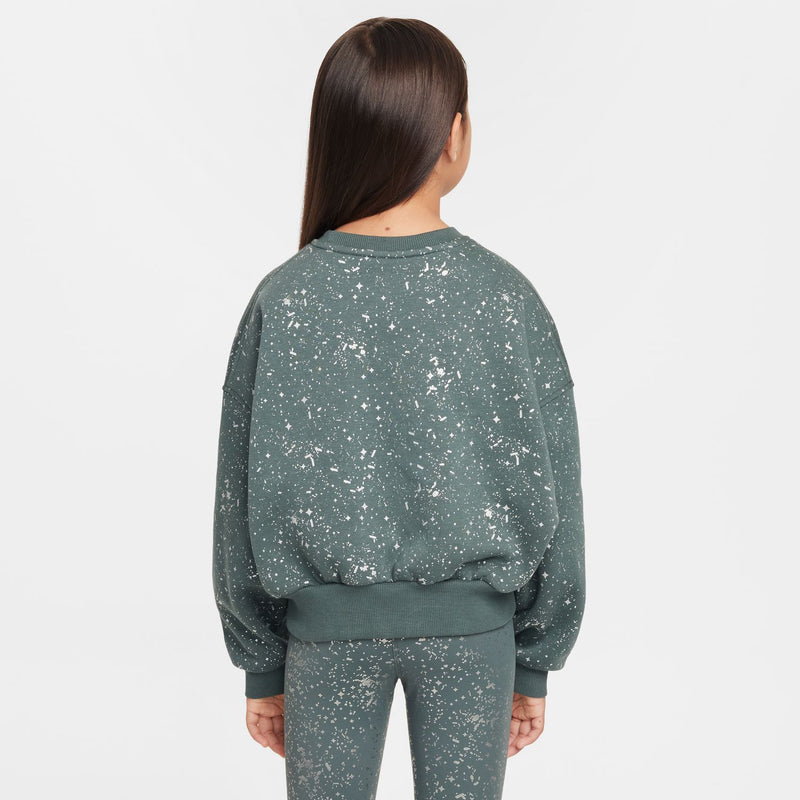 Youth crewneck sweatshirt back view in vintage green with white speckle print