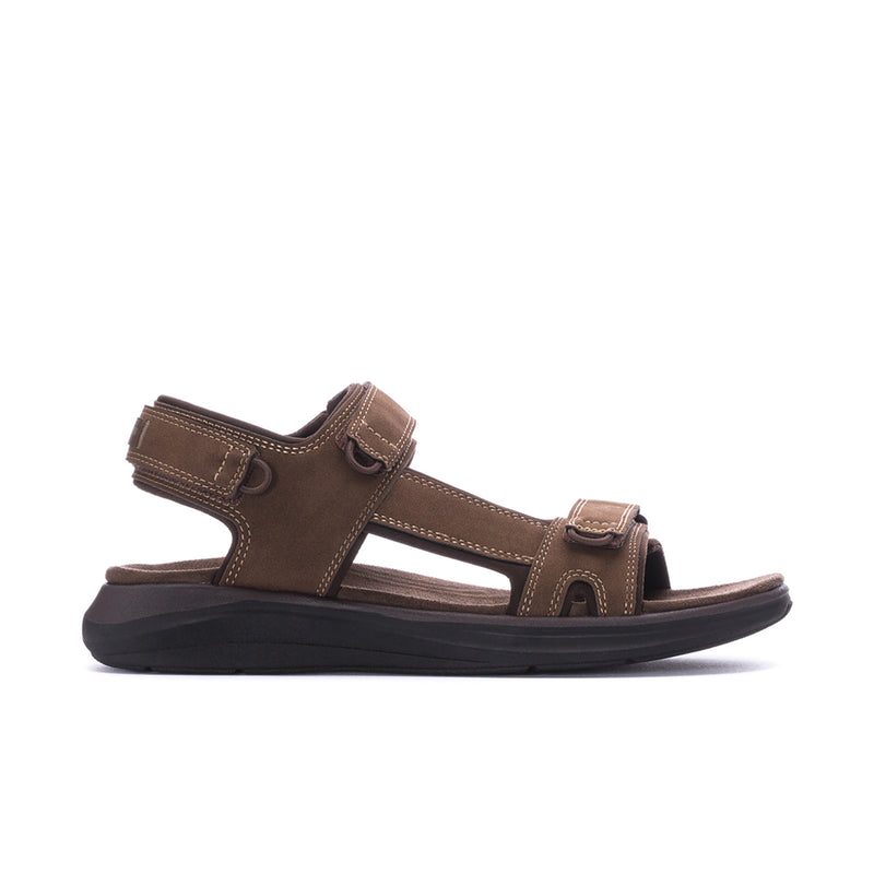 Men's dark tan sport sandals with adjustable hook-and-loop straps and cushioned sole