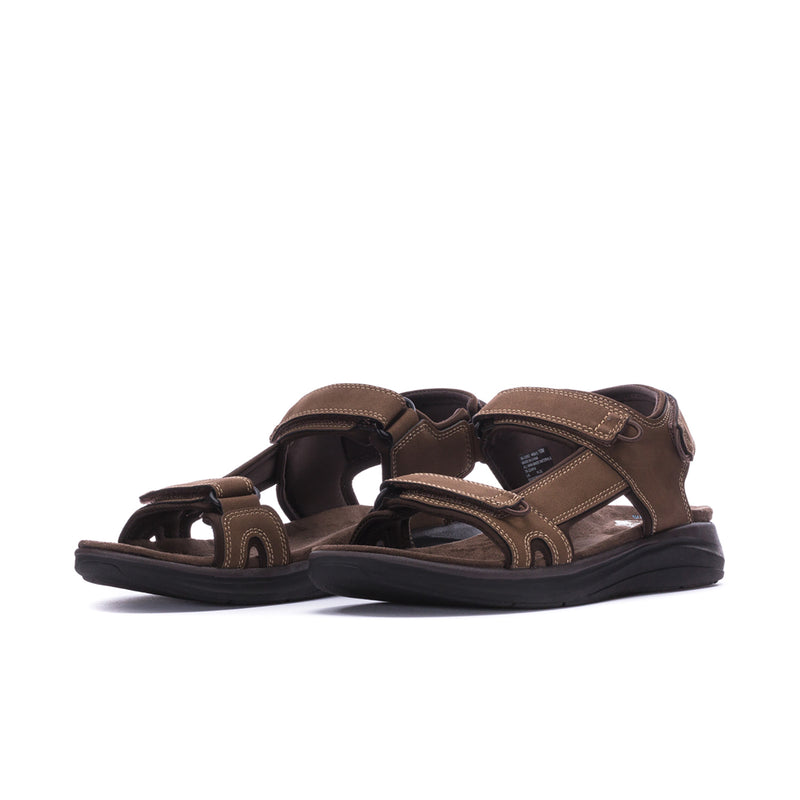 Men's dark tan sport sandals shown from side angle with adjustable straps and traction sole