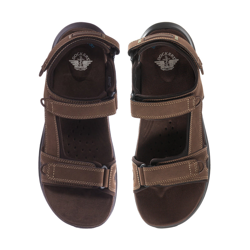 Pair of dark tan men's sandals, top view, showing padded straps and cushioned footbed