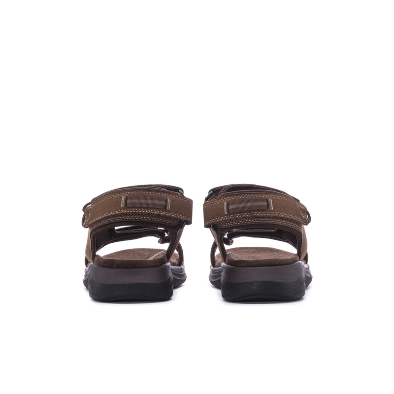 Men's dark tan sport sandals rear view with adjustable heel strap and thick sole