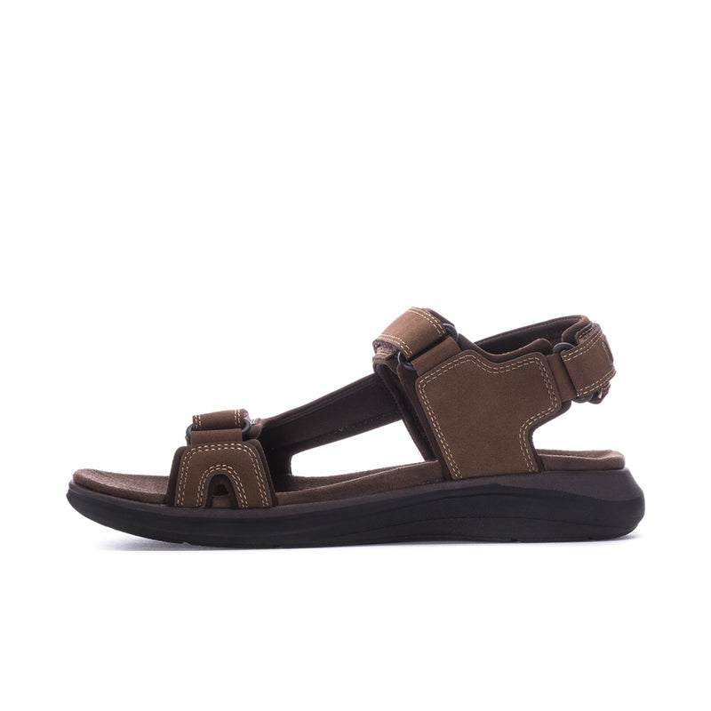 Men's dark tan sport sandals, front side view, with wide strap and comfort padding
