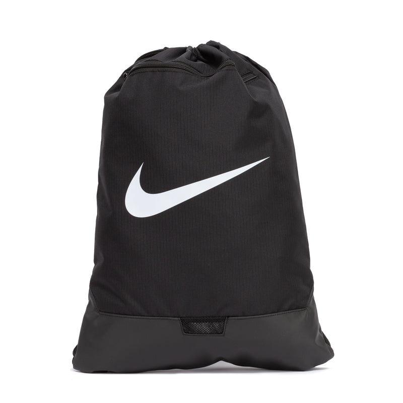 Black drawstring gym sack with white swoosh logo
