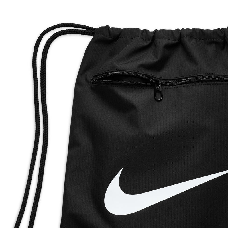 Black drawstring gym sack with white swoosh and center zipper