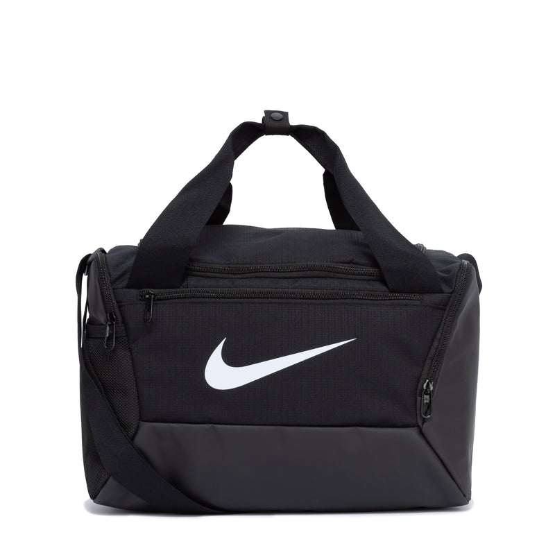 Black Nike duffel bag with top handles, front zip pocket, and large swoosh logo
