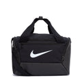 Black Nike duffel bag with top handles, front zip pocket, and large swoosh logo