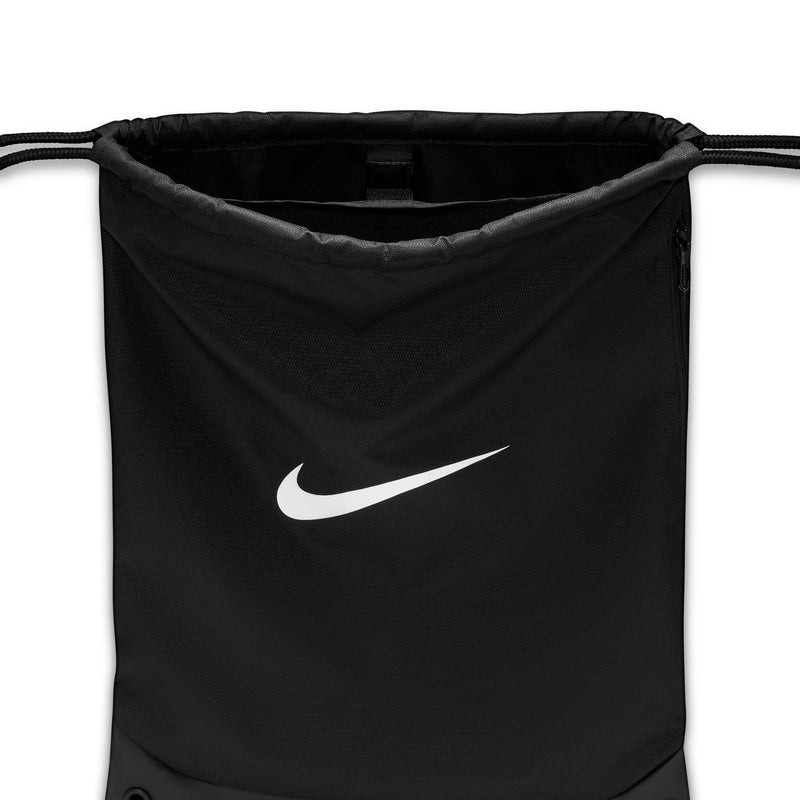 Black Nike drawstring bag with large white swoosh, open top