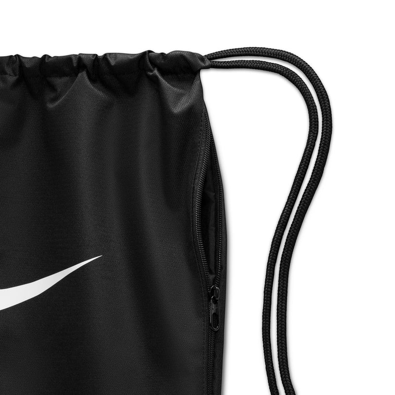 Black Nike drawstring bag, close-up of drawcord and side zipper