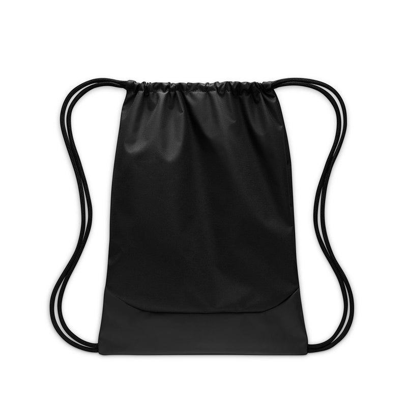 Black drawstring bag with cinch cords, no visible logo