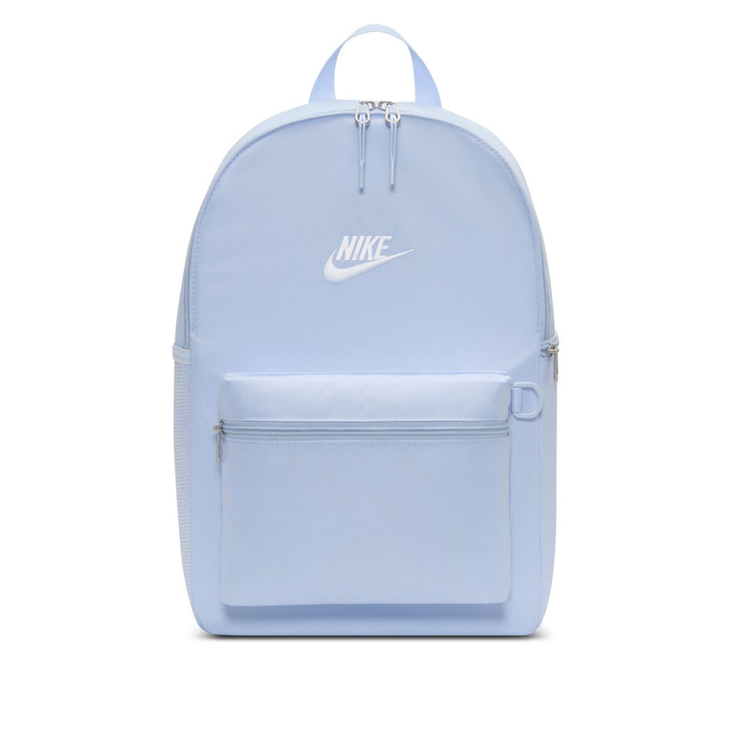 Light blue Nike backpack with top handle and front zip pocket