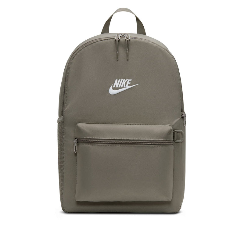 Nike Brasilia Heritage backpack in light army green with white logo and front zip pocket