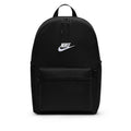 Black Nike backpack with front zip pocket and white swoosh logo