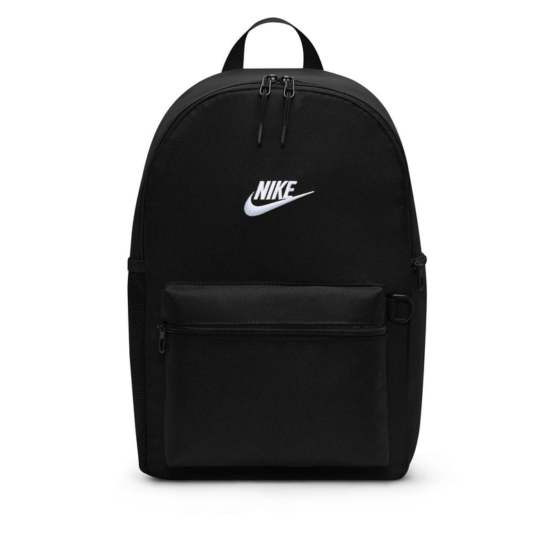 Black Nike backpack with front zip pocket and white swoosh logo