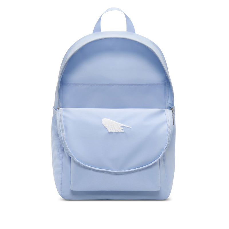 Light blue Nike backpack with curved front pouch and zip closure