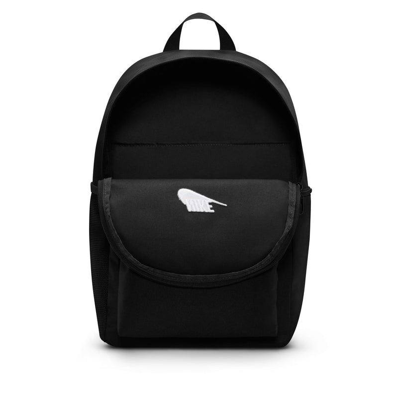 Black Nike backpack with oval front panel and white swoosh logo