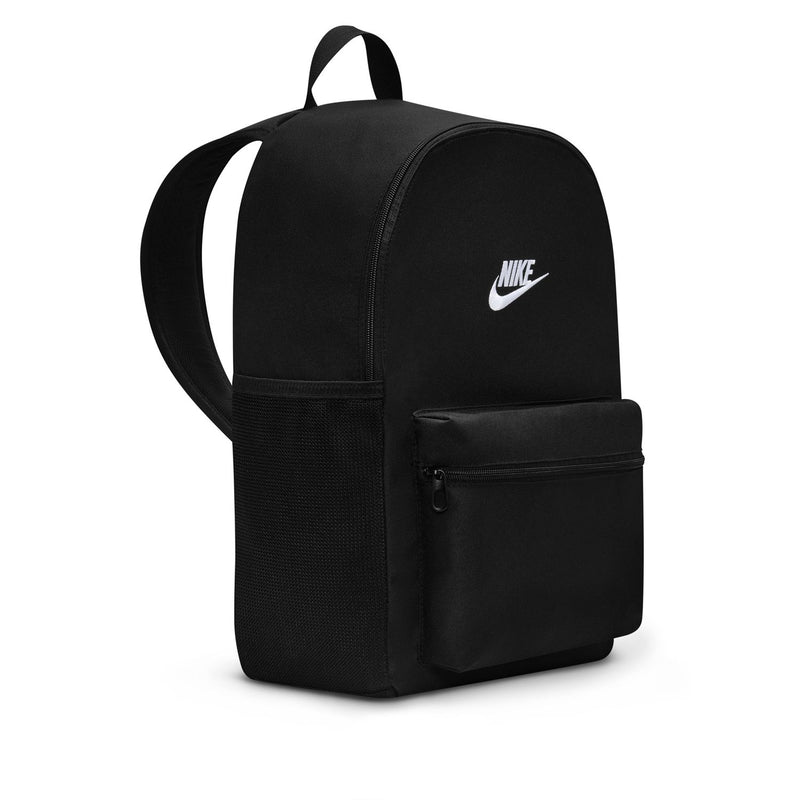 Black Nike backpack side view with webbing trim and front zip compartment