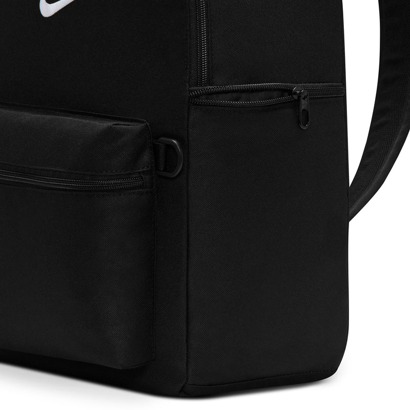 Black Nike backpack side close-up of handle strap and zipper pocket