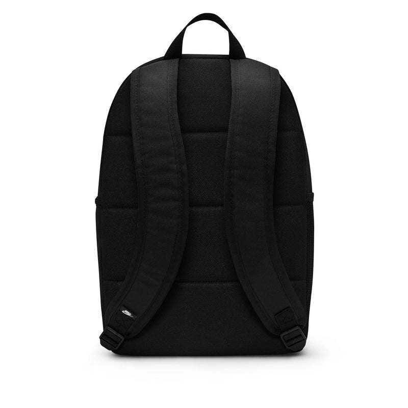Black Nike backpack back view with padded shoulder straps and bottom panel