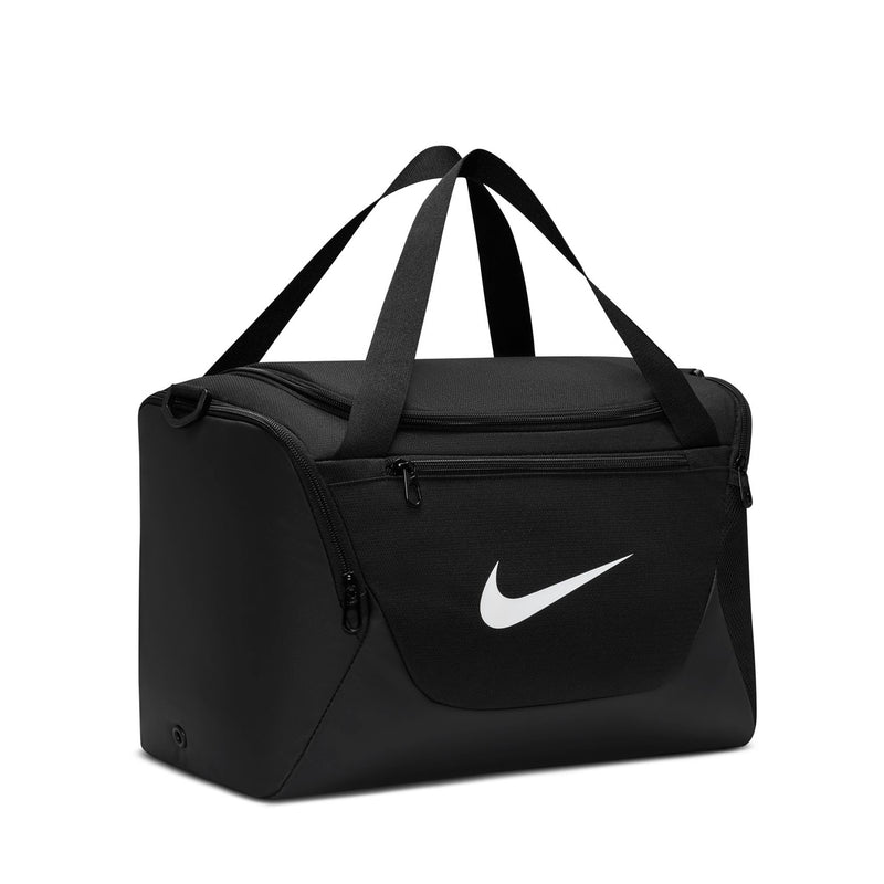 Black duffel bag with top handles, front pocket, and white Nike swoosh logo