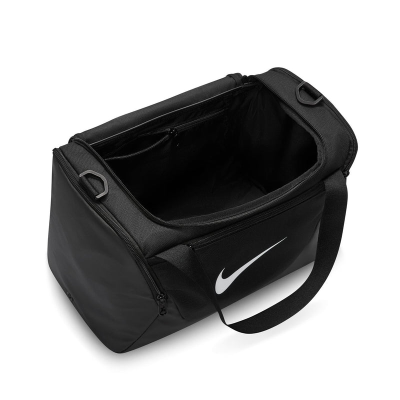 Black duffel bag open top view with interior lining and white Nike swoosh logo