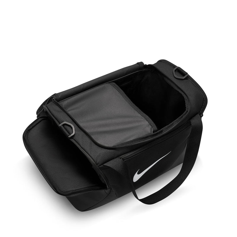 Black duffel bag interior with divider and open top, white Nike swoosh logo