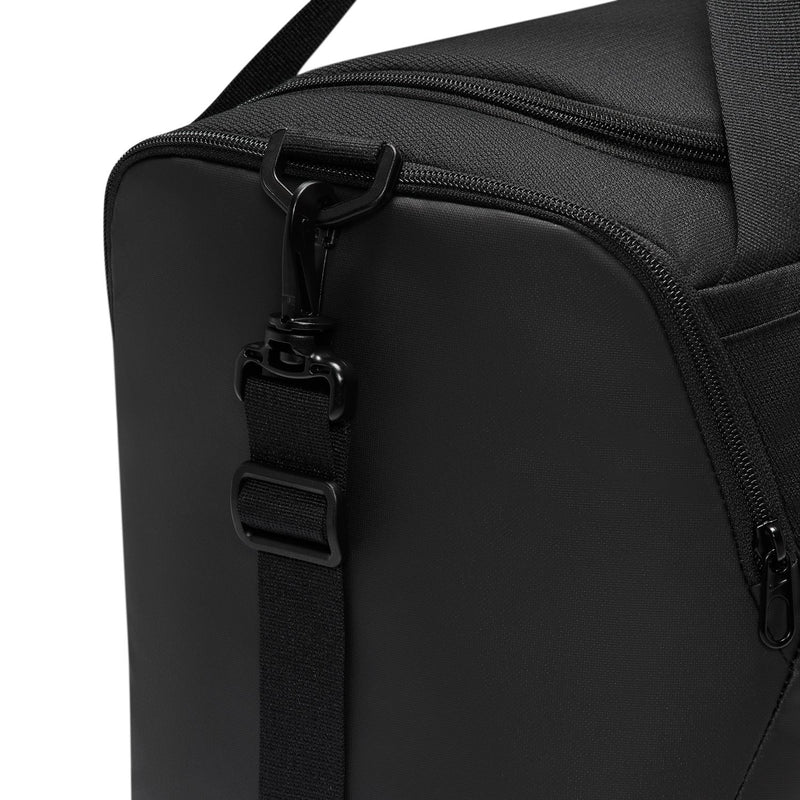 Black duffel bag shoulder strap buckle attachment and zipper detail