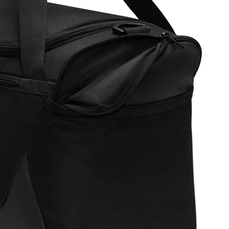Black duffel bag side opening with internal mesh pocket and zipper