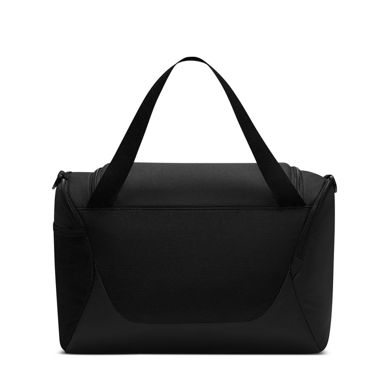 Black duffel bag with two top handles and side pockets, white Nike swoosh logo