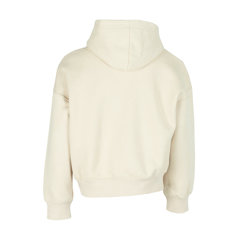 Youth pullover hoodie in light brown with hood and back logo detail