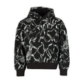 Youth pullover fleece hoodie with dark base and white abstract all-over print, hood up