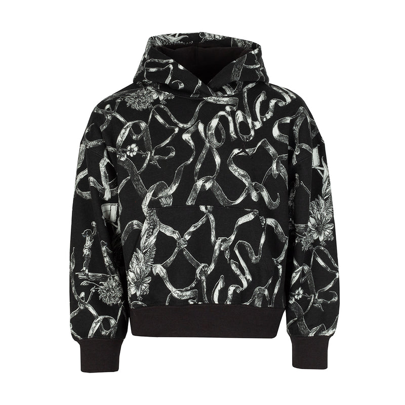 Youth pullover fleece hoodie with dark base and white abstract all-over print, hood up