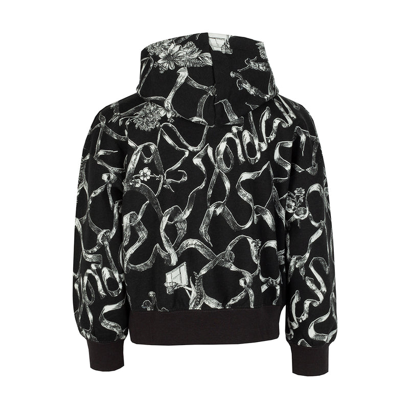 Youth pullover fleece hoodie with dark base and white abstract all-over print, back view