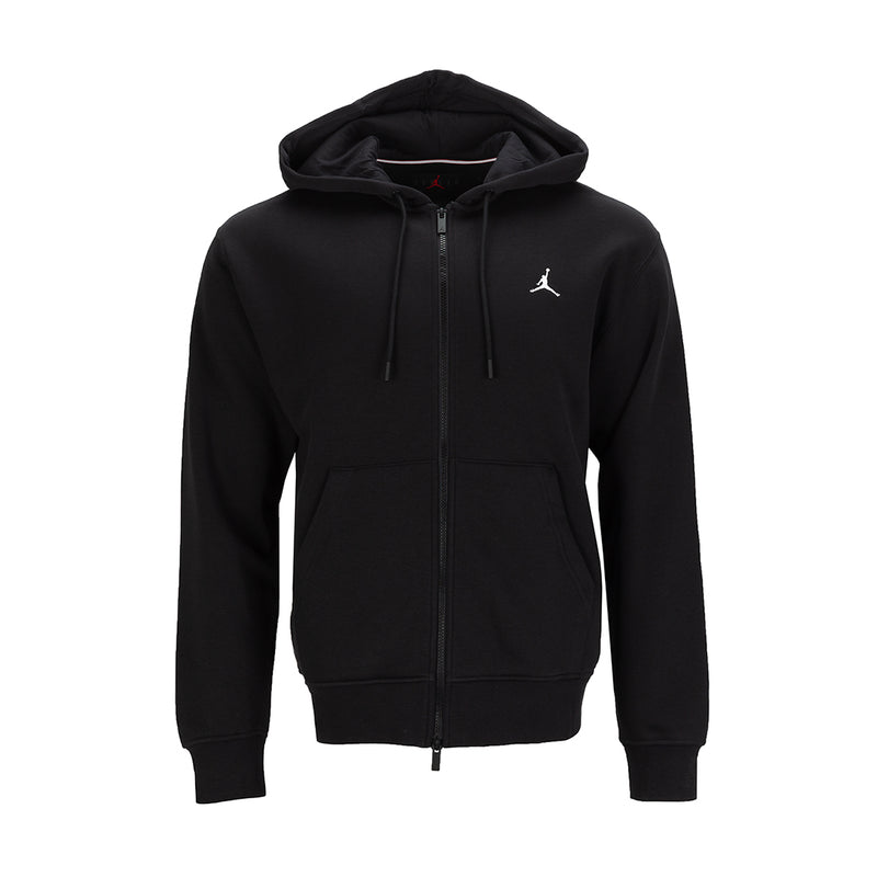 Black full-zip fleece hoodie with hood and drawstrings, front zip, Jordan logo.